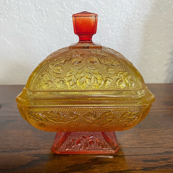 Vintage Other - Vintage Jeanette Amberina candy dish compote carnival glass acorn pattern